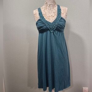 Y2K Maurices Babydoll Shape Ruched Bust With Crochet Accents In Turquoise Sz XS